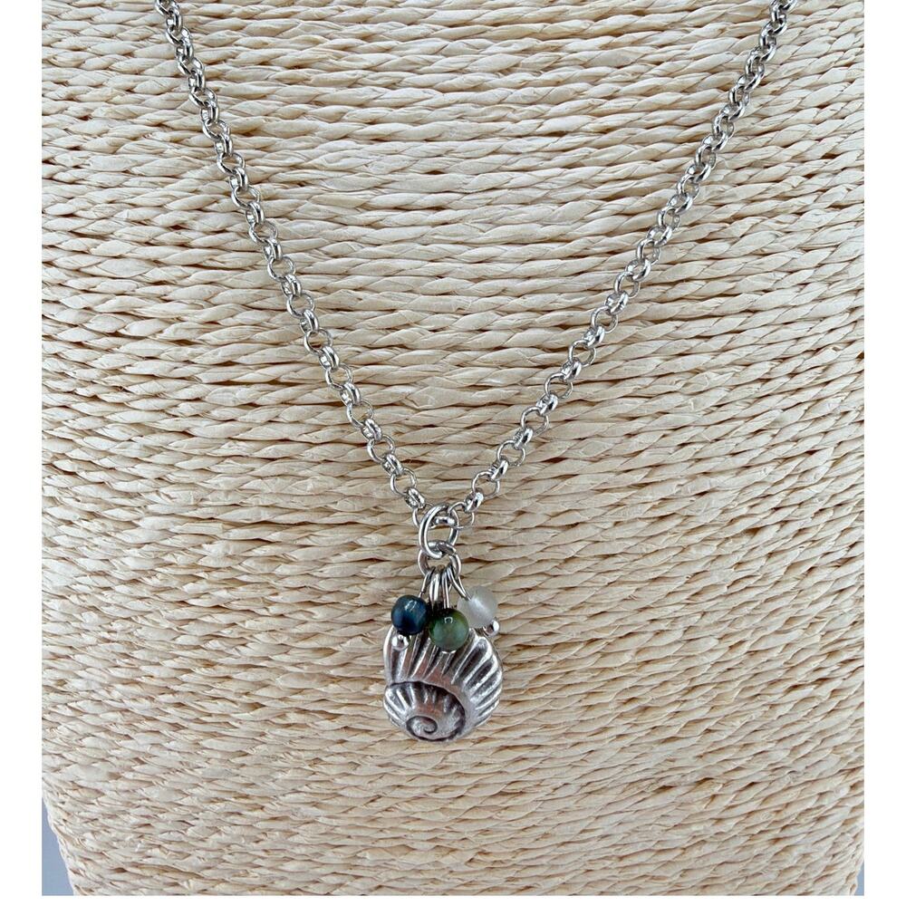 Sterling Silver Shell Pendant Necklace with Agate and Sea Glass Beads